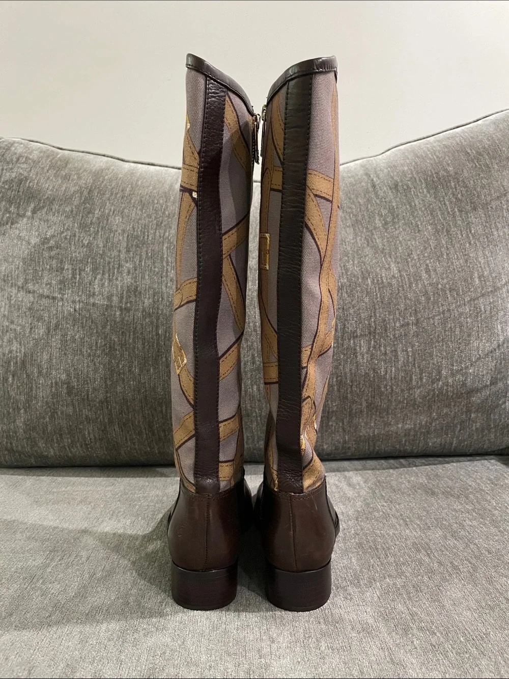 Tory Burch FELIX Riding Boots Brown Leather Equestrian Print Fabric Zip Size 5